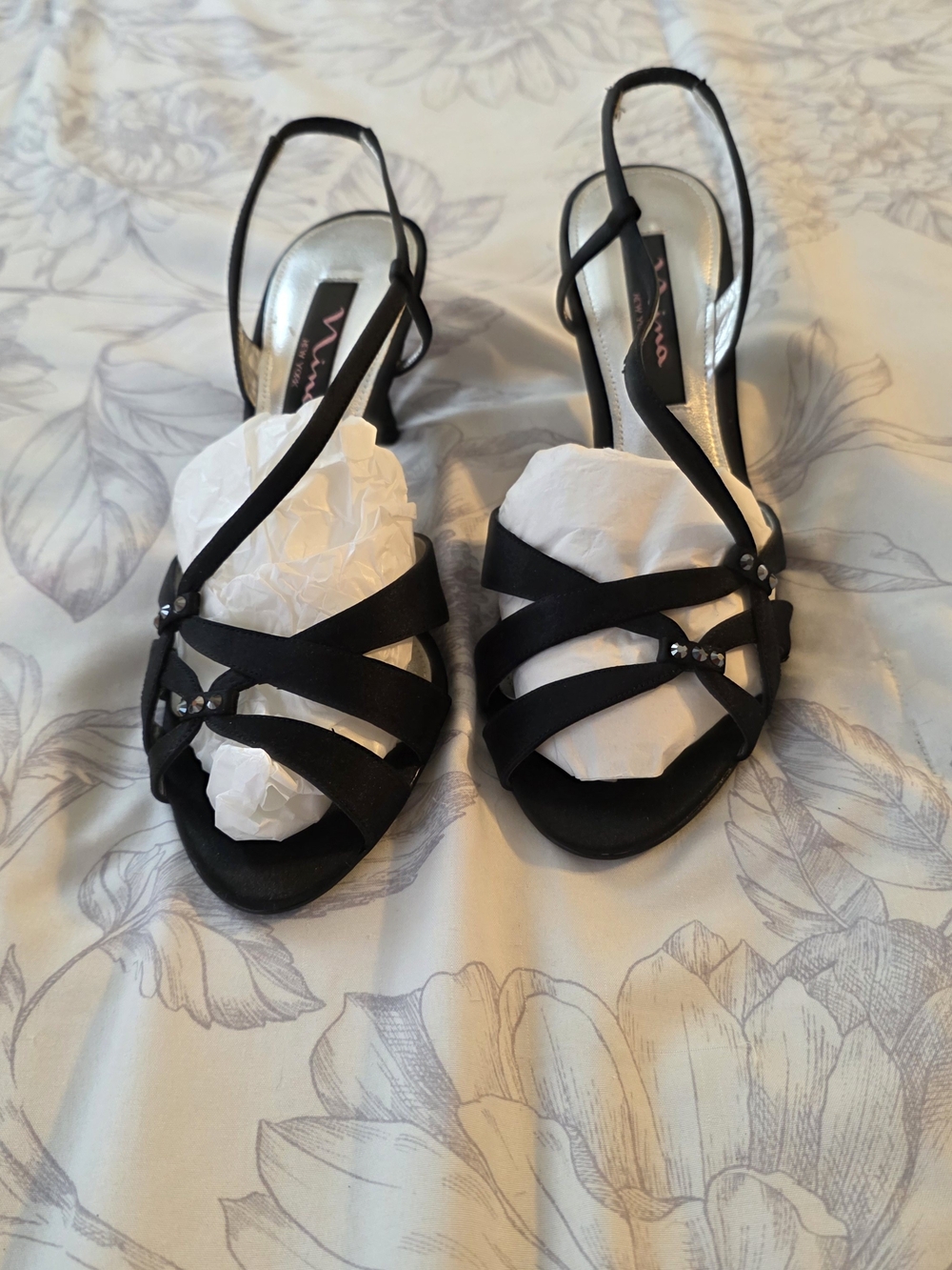 Nina Black Strappy Slingback Heels with Rhinestone Detail